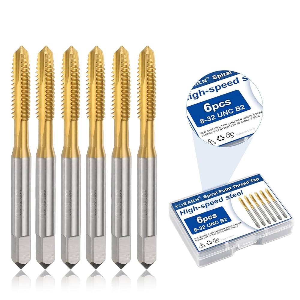 6Pcs 8-32 UNC B2 나선형 점 나사 탭, 금속 및 경질 재료의 정밀 나사산을 위한 티타늄 코팅 HSS 6542 탭핑 도구 4Pcs 8-32 UNC - 상품 이미지