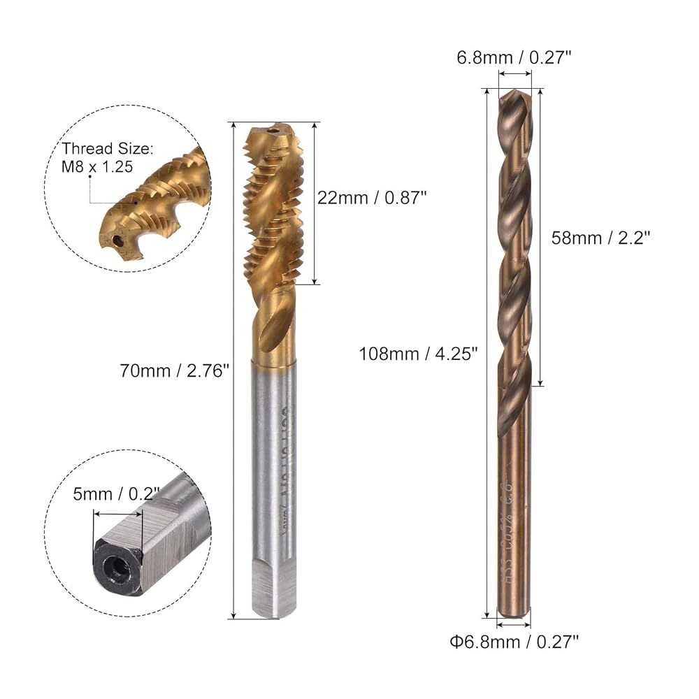 uxcell M8 x 1.25 나선형 플루트 탭 6.8mm 드릴 비트 세트, 미터법 티타늄 도금 M35 코발트 고속 강철 기계 나사산 나사 드릴링 도구 - 상세 이미지 2