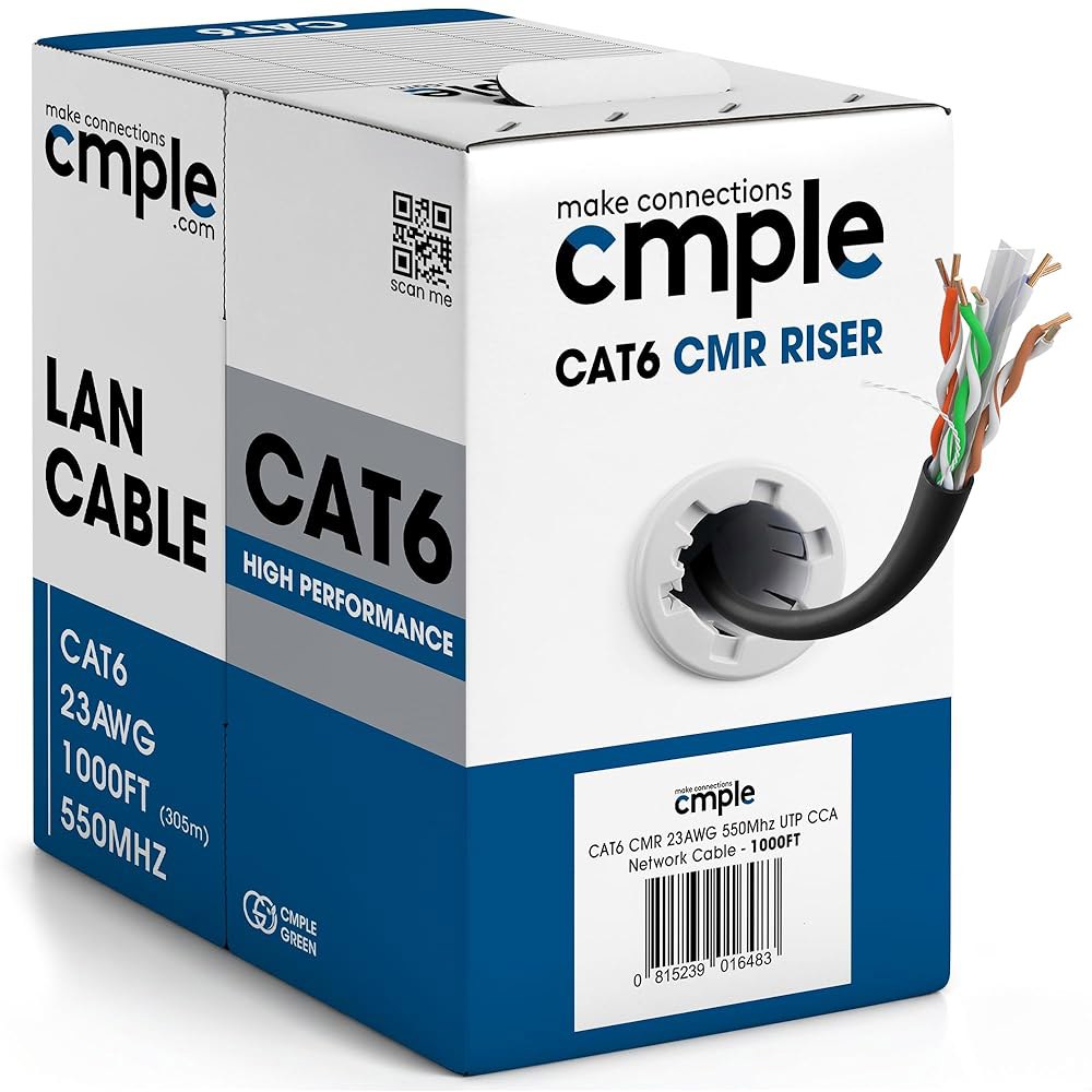 Comple - Cat6 케이블 1000피트 벌크 랜 이더넷 Cat 6 와이어 네트워크 UTP 23AWG CMR 라이저 10Gbps 550MHz 풀 박스 1000피트, 블랙 - 상품 이미지