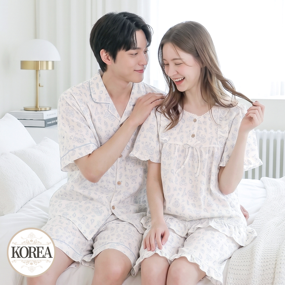 커플 순면 홈웨어 반팔 잠옷 세트 남성 여성 신혼 여름 26S475-375 모티브 - 상품 이미지