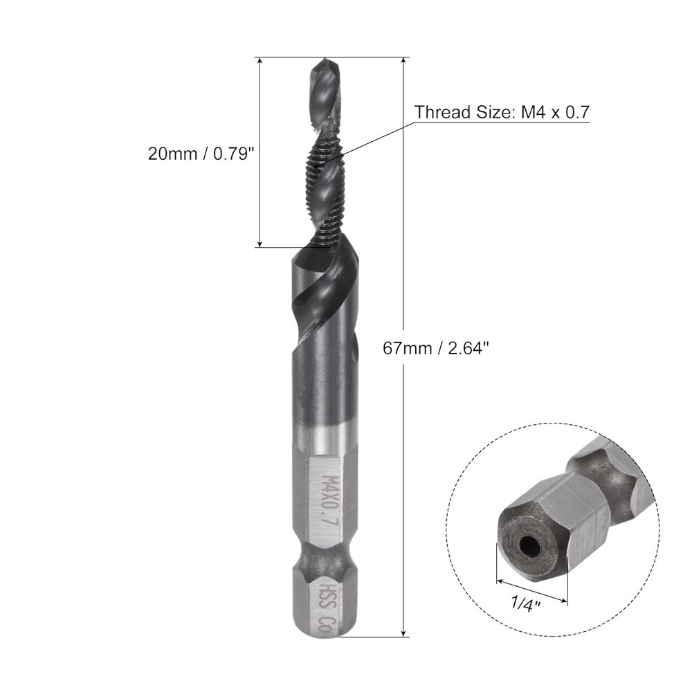 uxcell 결합 드릴 및 탭 비트, 1/4인치 헥스 섕크 M4 x 0.7 미터 TiAlN 코팅 M35 코발트 고속 강철 나선형 플루트 탭핑 도구 M4 x 0.7 - 상세 이미지 2