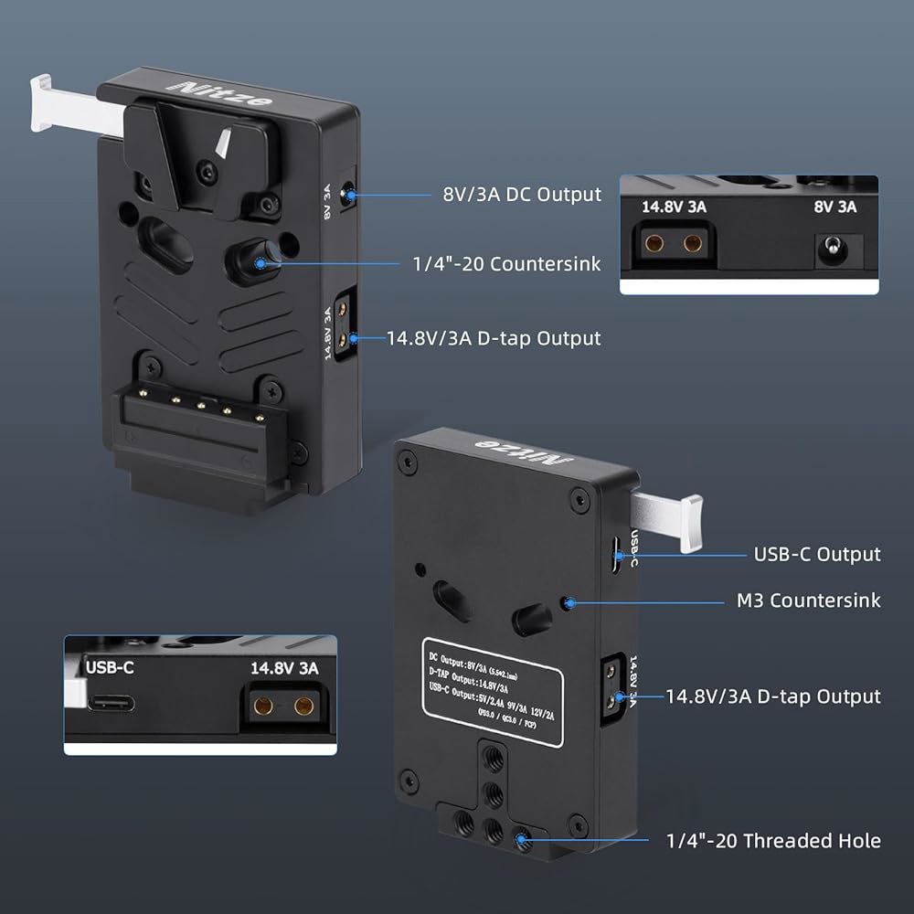 니체 V 마운트 배터리 플레이트, 8V / 3A DC, 14.8V D-탭 및 PD 3.0 USB-C 출력 포트 미니 플레이트 - N21-D6 - 상세 이미지 2