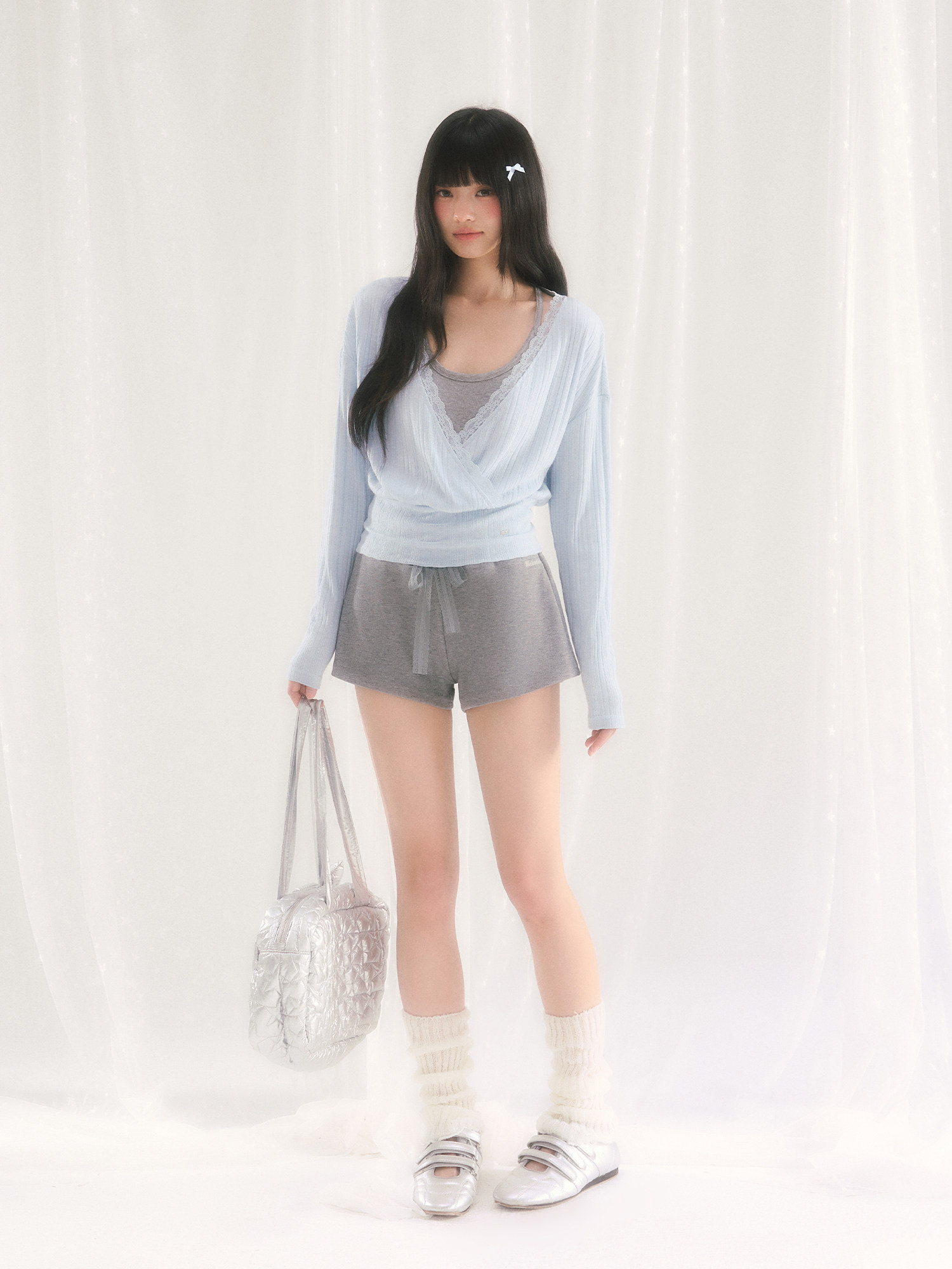 weekendhub 브이넥 슬림 커버업 캐미솔 여성 긴팔티 봄 여름 티셔츠 탑 - 상세 이미지 4