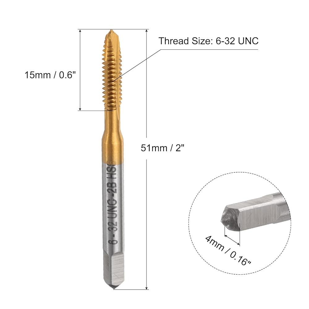 uxcell 2pcs 6-32 UNC B2 나선형 점 나사 탭, 탭 도구, 티타늄 코팅 6542 고속 강철 기계 비트 - 상세 이미지 2