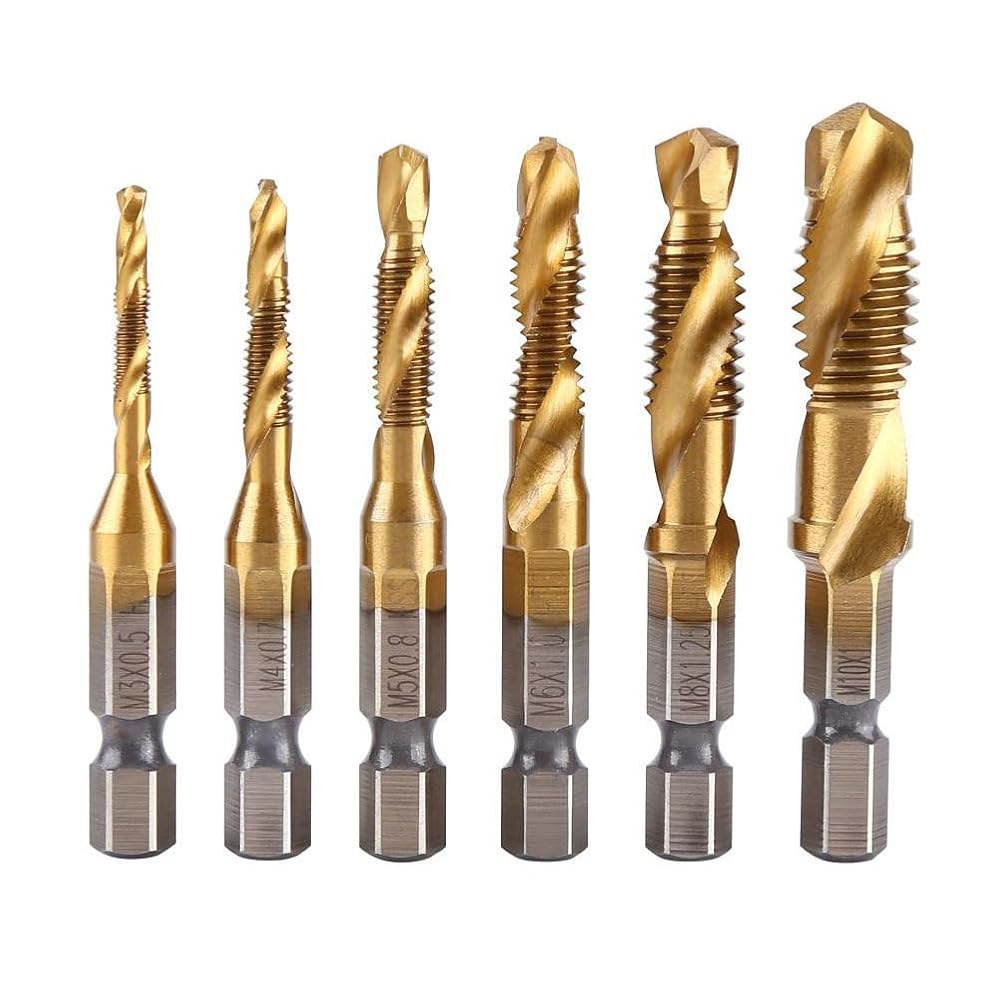 Teocpai 6pcs HSS 조합 드릴 및 탭 세트 1/4인치 육각 생크 나사 탭핑 비트 티타늄 코팅 M3 M4 M5 M6 M8 M10 - 상품 이미지