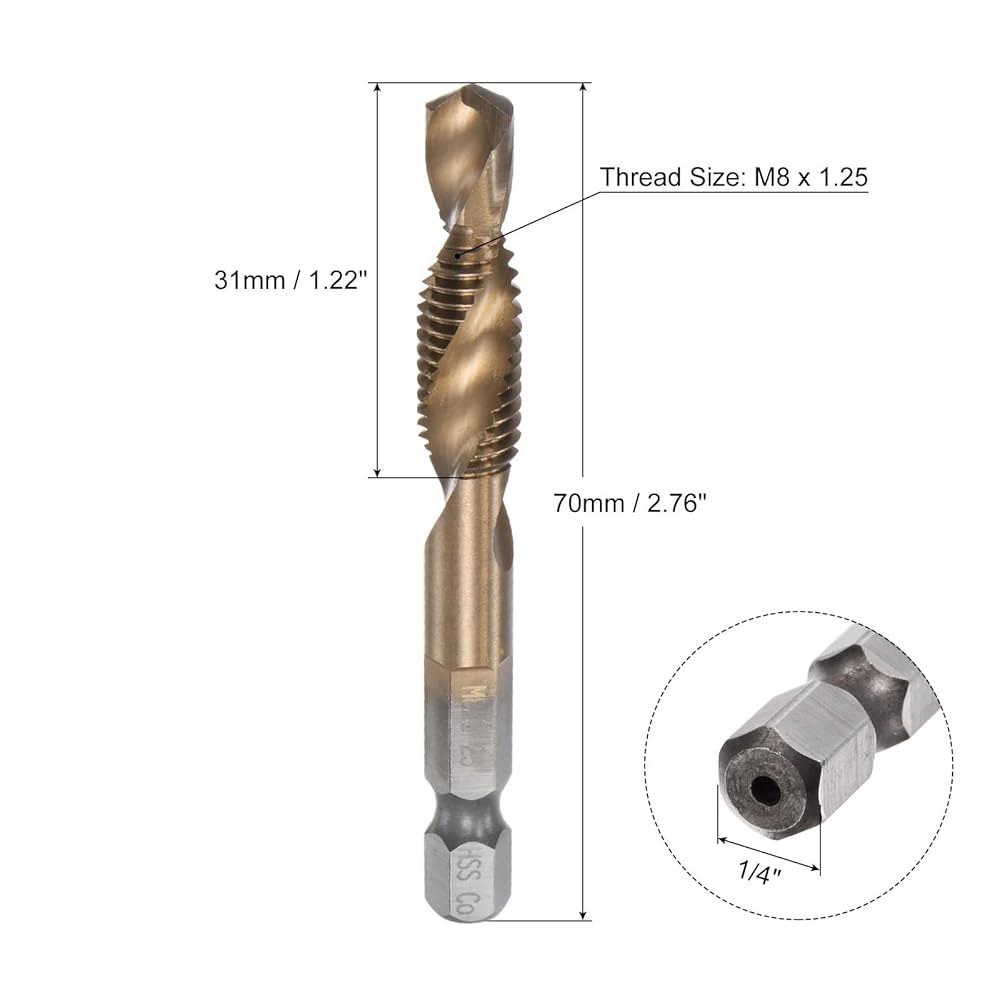 uxcell 결합 드릴 및 탭 비트, 1/4인치 헥스 섕크 M8 x 1.25 미터법 코팅되지 않은 M35 코발트 고속 강철 나선형 플루트 탭핑 도구 M8 x 1.25 - 상세 이미지 2