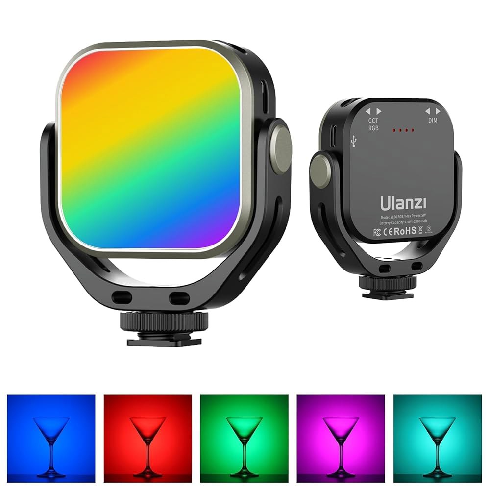 ULANZI VL66 RGB 조절 충전식 2500-650K - 카메라 위의 미니 비디오 휴대용 조명, 2000mAh CRI95+ 디밍 가능, 초광각 사진 및 DSLR 캠코더 액션 - 상품 이미지