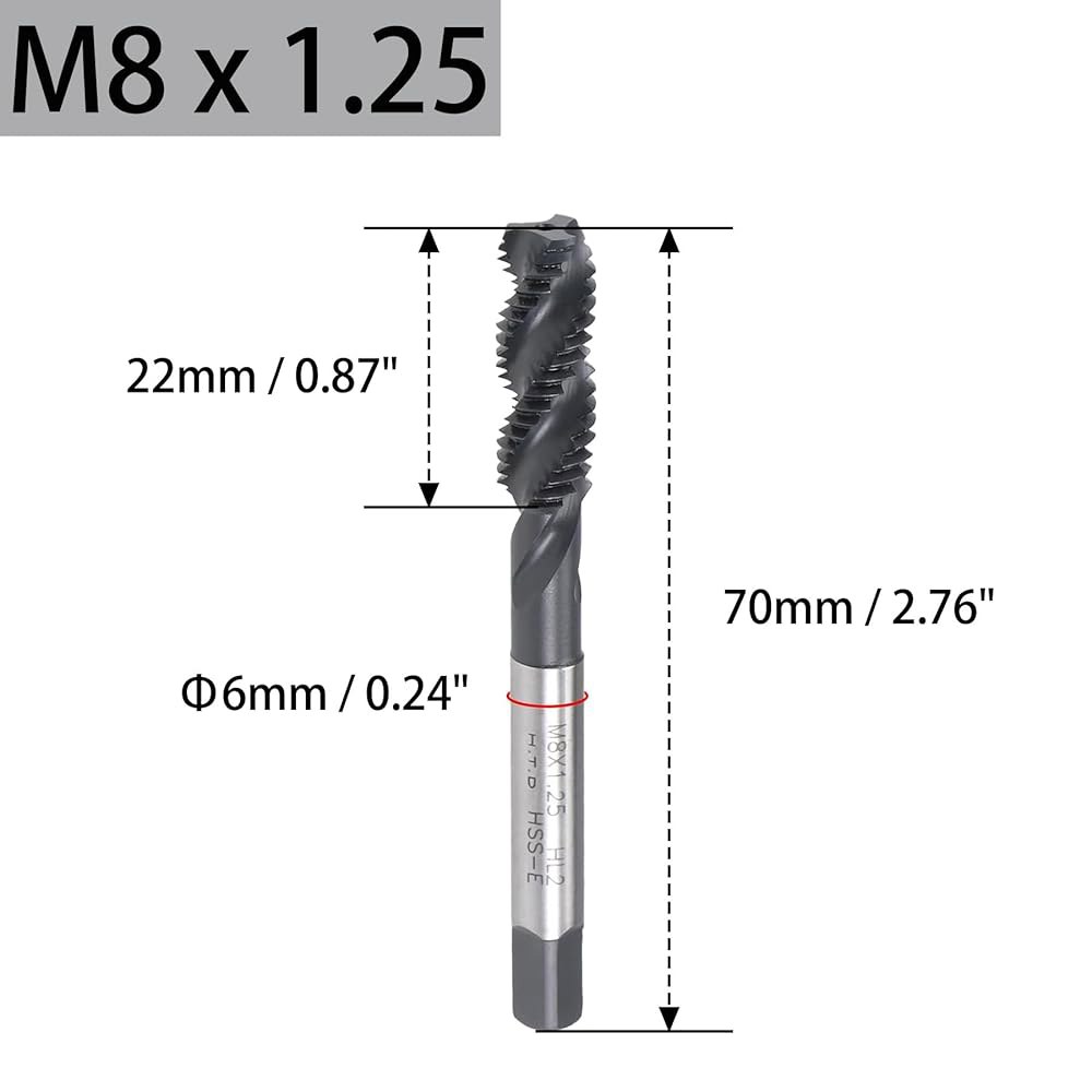 르페브니 M8 x 1.25 스레드 탭 드릴 비트 머신 탭, 나선형 플루트 미터법 HSS 질화 코팅 H2 공차, 2PCS M4 2PCS - 상세 이미지 2