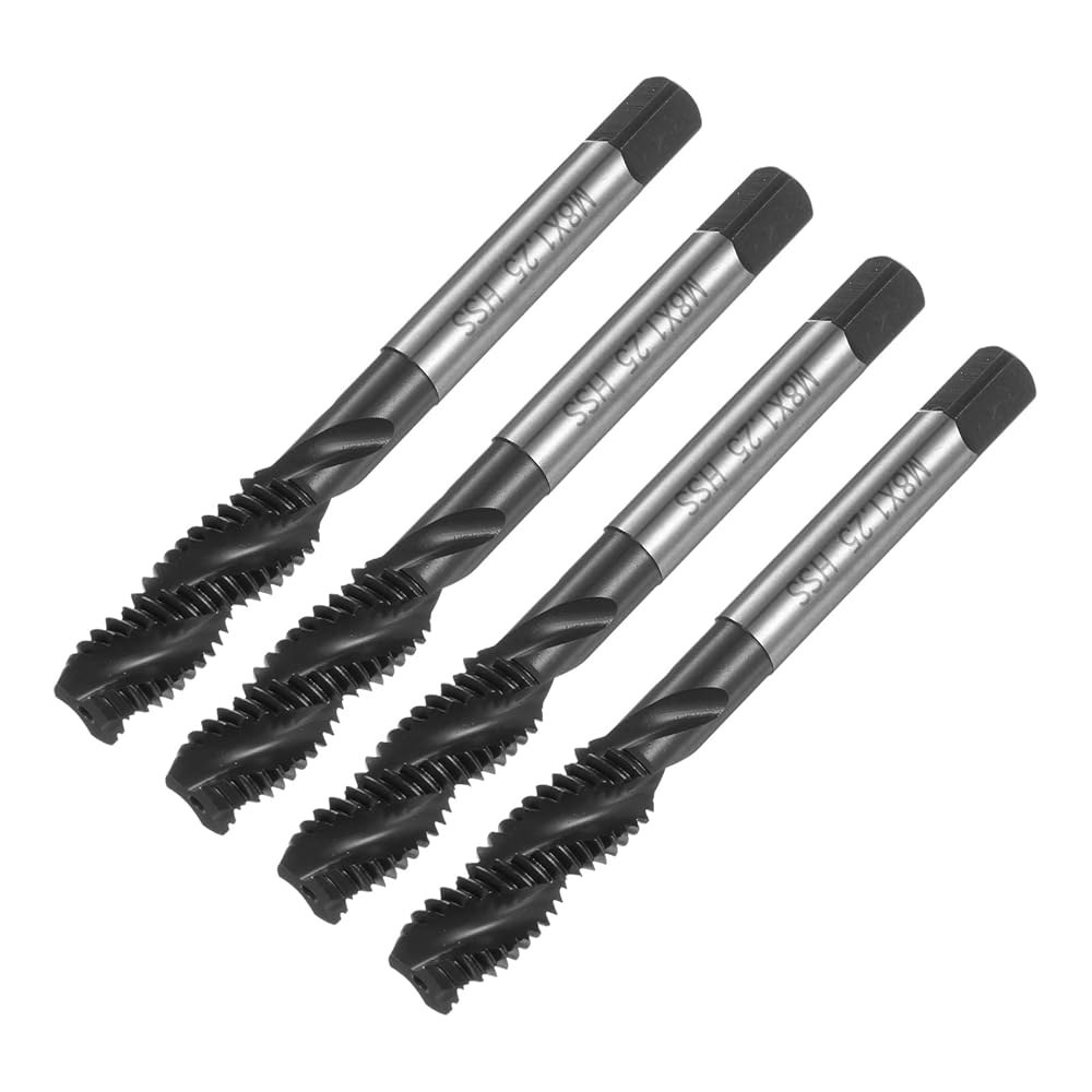 uxcell 4pcs 미터법 나선형 플루트 나사산 탭, M8 x 1.25 H2 기계 수리를 위한 질화물 코팅 6542 고속 강철 탭 도구 M8 x 1.25 - 상품 이미지