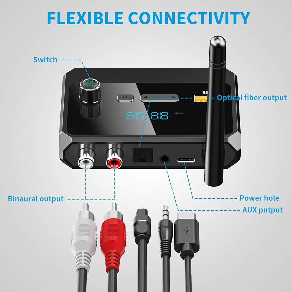홈 스테레오용 블루투스 5.3 수신기, RCA 어댑터, 저지연 및 HD 음악 오디오, 광학 AUX 3.5mm 지원, 스피커용 수신기 스트리밍 스테레오 시스템 - 상세 이미지 2