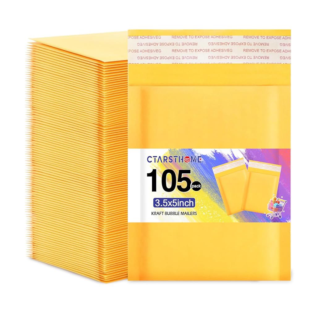 Ctarsthome 105팩 옐로우 3.5x5인치 크래프트 버블 메일러 소규모 비즈니스 패키지 셀프 씰링 종이 봉투, 주얼리 메이크업 용품용 접착력이 강한 패딩 봉투 배송 - 상품 이미지
