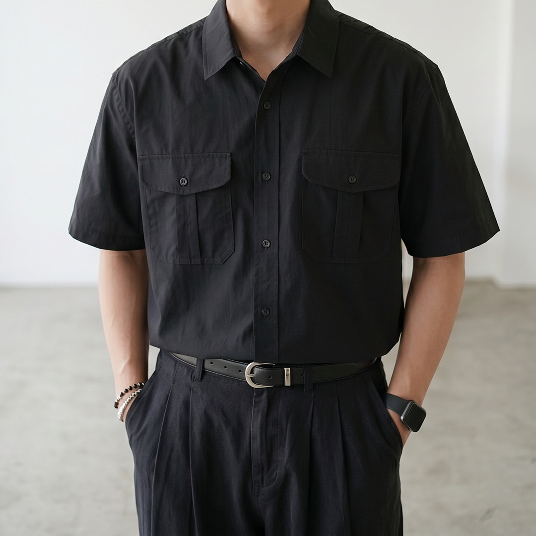 남자 비침없는 투포켓 오버핏 반팔 셔츠 - 상세 이미지 2