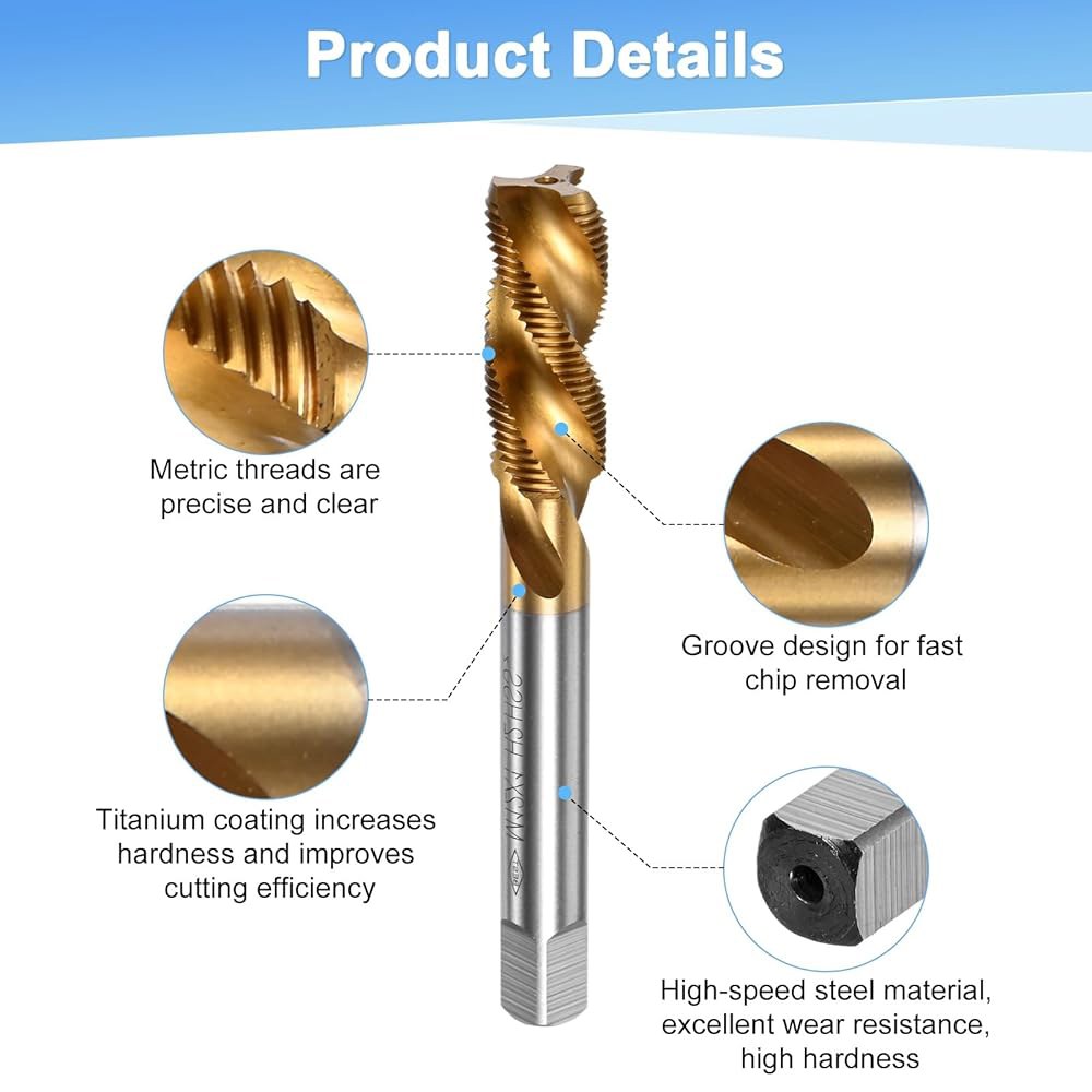 MMETRXITY 1팩 M12x1mm 메트릭 나선형 플루트 나사 탭, HSS 티타늄 코팅 오른손 탭 드릴링/밀링 기계 / CNC 공작 기계, 탭핑 도구 M10x1mm - 상세 이미지 3