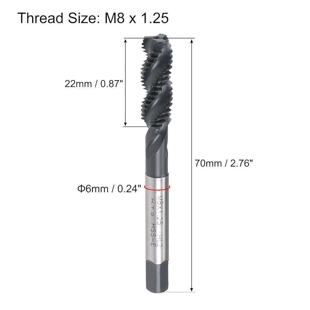 uxcell M8 x 1.25 나선형 플루트 실 탭, 미터법 기계 탭 HSS 질화 코팅, 사각형 끝이 있는 원형 샹크, H2 공차, 2pcs M8 x 1.25 - 상세 이미지 2