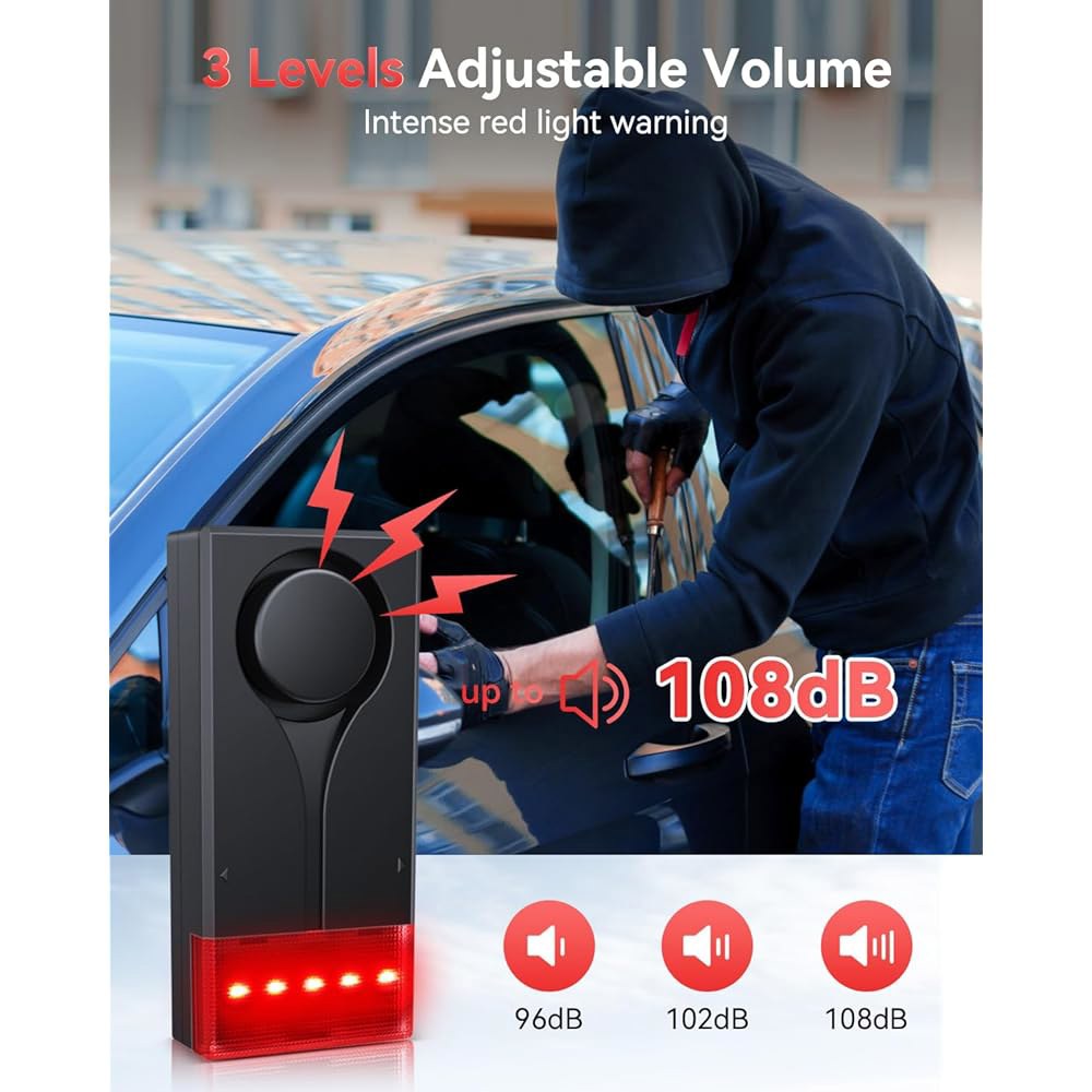 자동차 진동 소리 및 조명 알람, ElectOP 108dB 방지 알림, LED 깜박임 라이트 무선 원격 차량 2pcs 알람 포함 1 Alarm(Upgraded Remote) - 상세 이미지 2