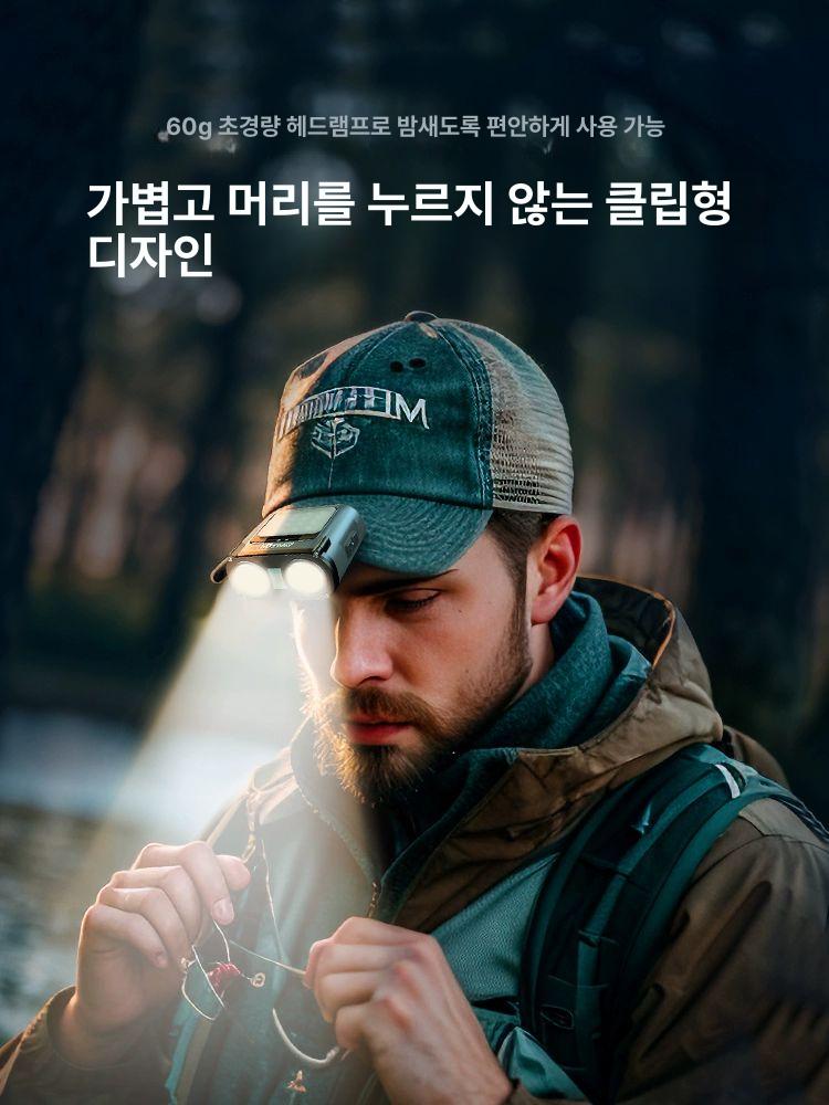 부엉이 헤드램프 충전식 센서 모자 클립 LED 헤드라이트 낚시용 뮌헨 900루멘 20시간 무단계밝기 듀얼광 - 상세 이미지 4