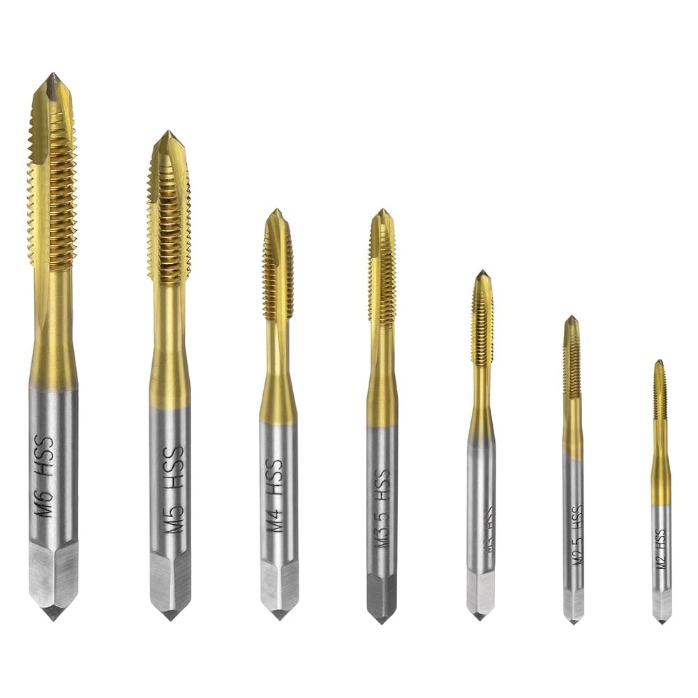uxcell 7pcs 나선형 포인트 탭 세트 M2.5 M3.5 M4 M5 M6 미터 나사 탭, 티타늄 코팅 고속 강철 6542 기계 탭핑 수리 도구 - 상품 이미지