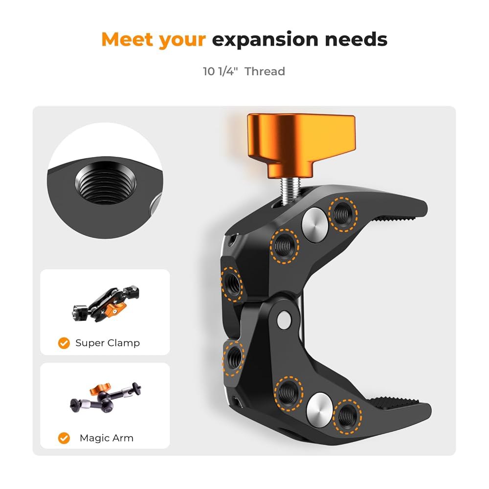 K&F 컨셉 카메라 마운트 클램프, 1/4인치 나사 구멍이 있는 슈퍼 크랩 원형 파이프 평평한 표면을 위한 최대 60mm 개구, 모니터, LED 조명 및 기타 사진 액세서리 - 상세 이미지 3