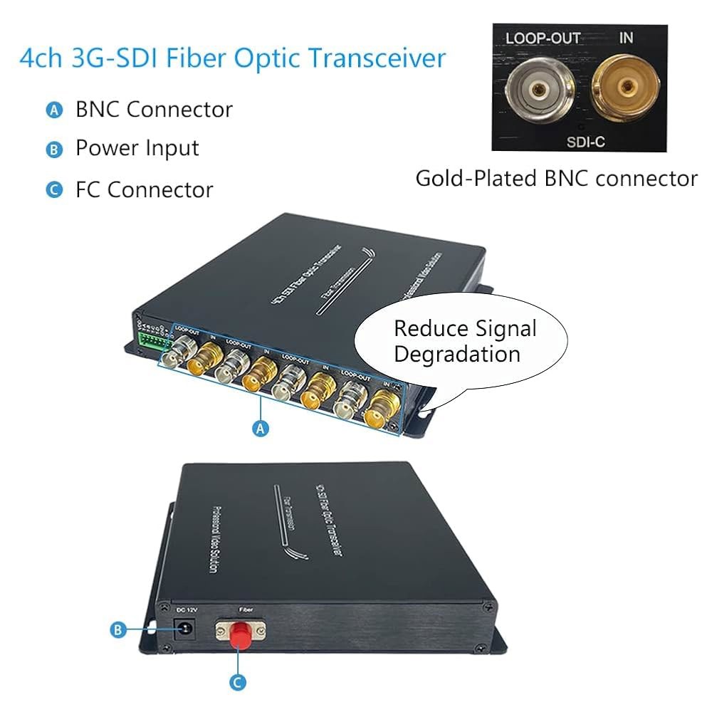 Steloproad 4CH 3G-SDI 파이버 컨버터 1080P&60Hz 브로드캐스트 레벨 SDI 비디오 광 트랜시버 루프 출력 3G 익스텐더(RS485 포함), 싱글 모드 ST - 상세 이미지 2