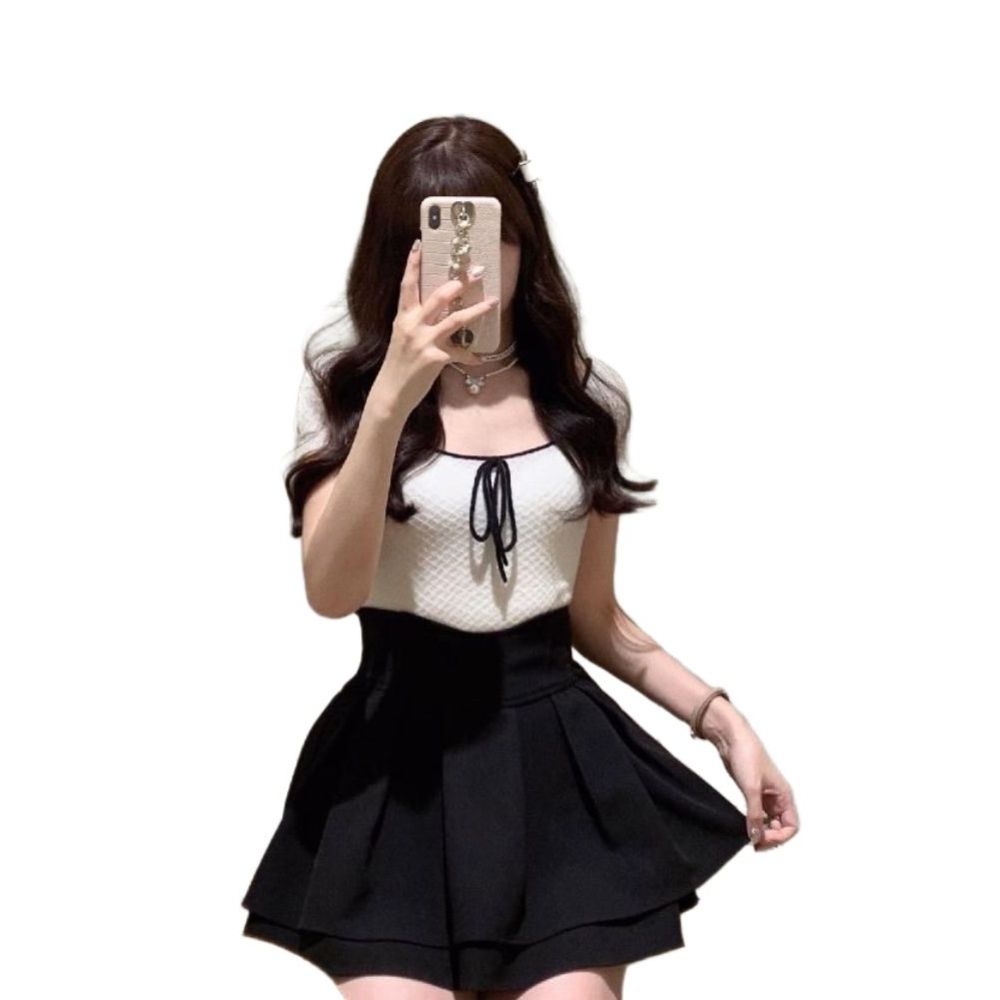 슬림밍 케이크형 러플리한 헤어리스 하이웨스트 반팔 트위드 블라우스 셔츠 여름 여성 남방 - 상품 이미지