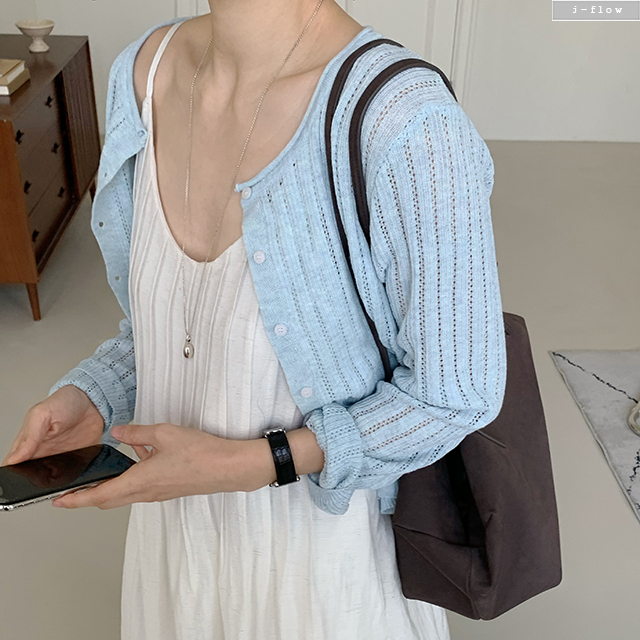 푸르프 라운드 스탠다드핏 펀칭 가디건 5col 봄 여름 긴팔 시스루 레이어드 제이플로우 - 상세 이미지 2