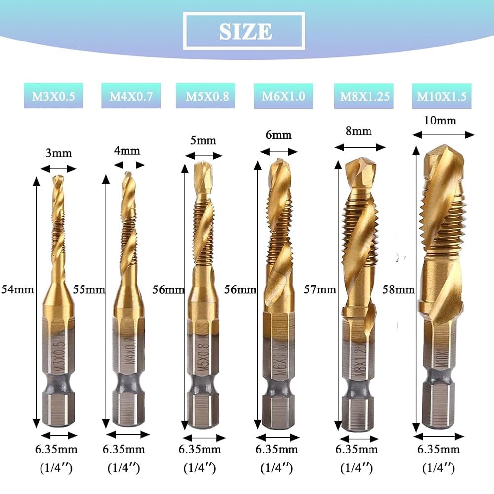 Teocpai 6pcs HSS 조합 드릴 및 탭 세트 1/4인치 육각 생크 나사 탭핑 비트 티타늄 코팅 M3 M4 M5 M6 M8 M10 - 상세 이미지 2