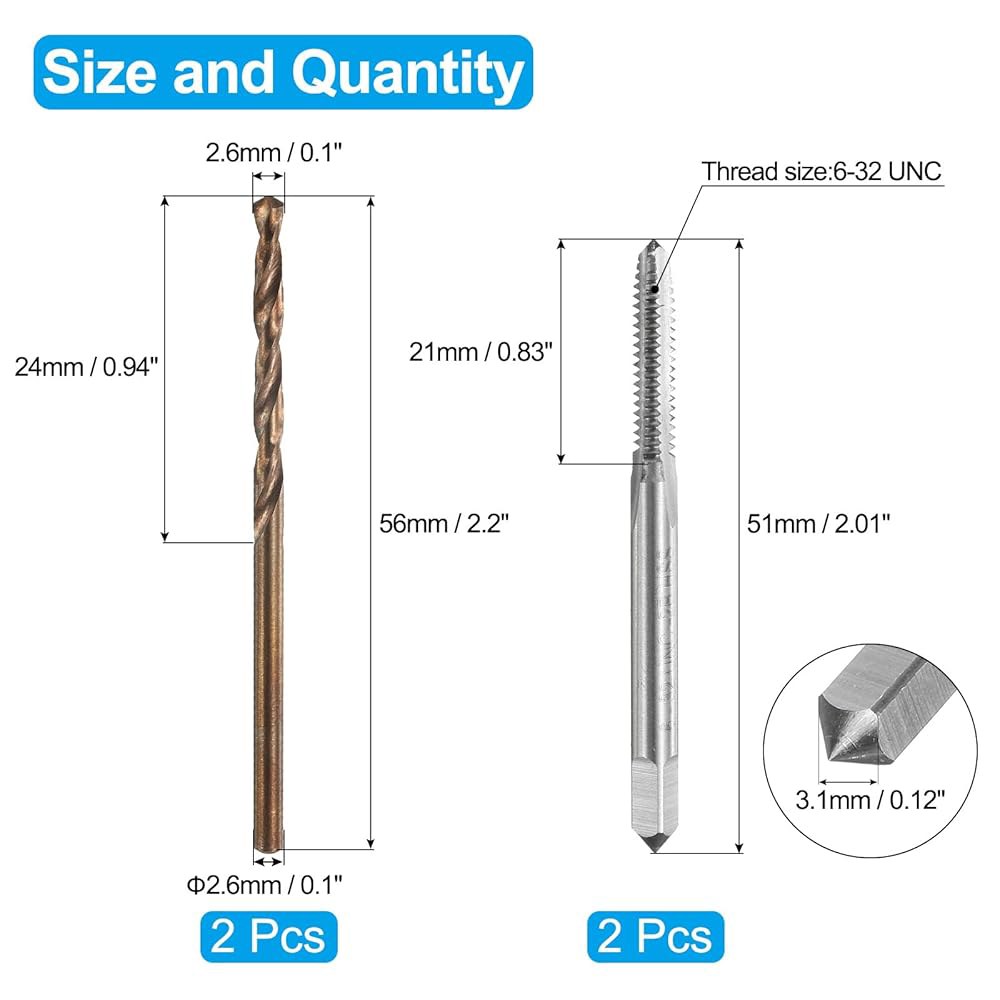uxcell 탭 및 드릴 비트 세트, 2pcs 6-32 UNC 스트레이트 플루트 나사산 2.6mm 트위스트 비트, 코팅되지 않은/로스트 옐로우 HSS-6542 / M35 HSS-C - 상세 이미지 2