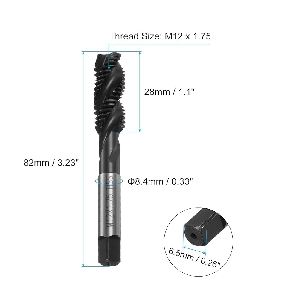 uxcell M12 x 1.75 나선형 플루트 실 탭, 미터법 기계 탭 HSS 질화 코팅, 사각형 끝이 있는 원형 샹크, H2 공차, 2pcs - 상세 이미지 2