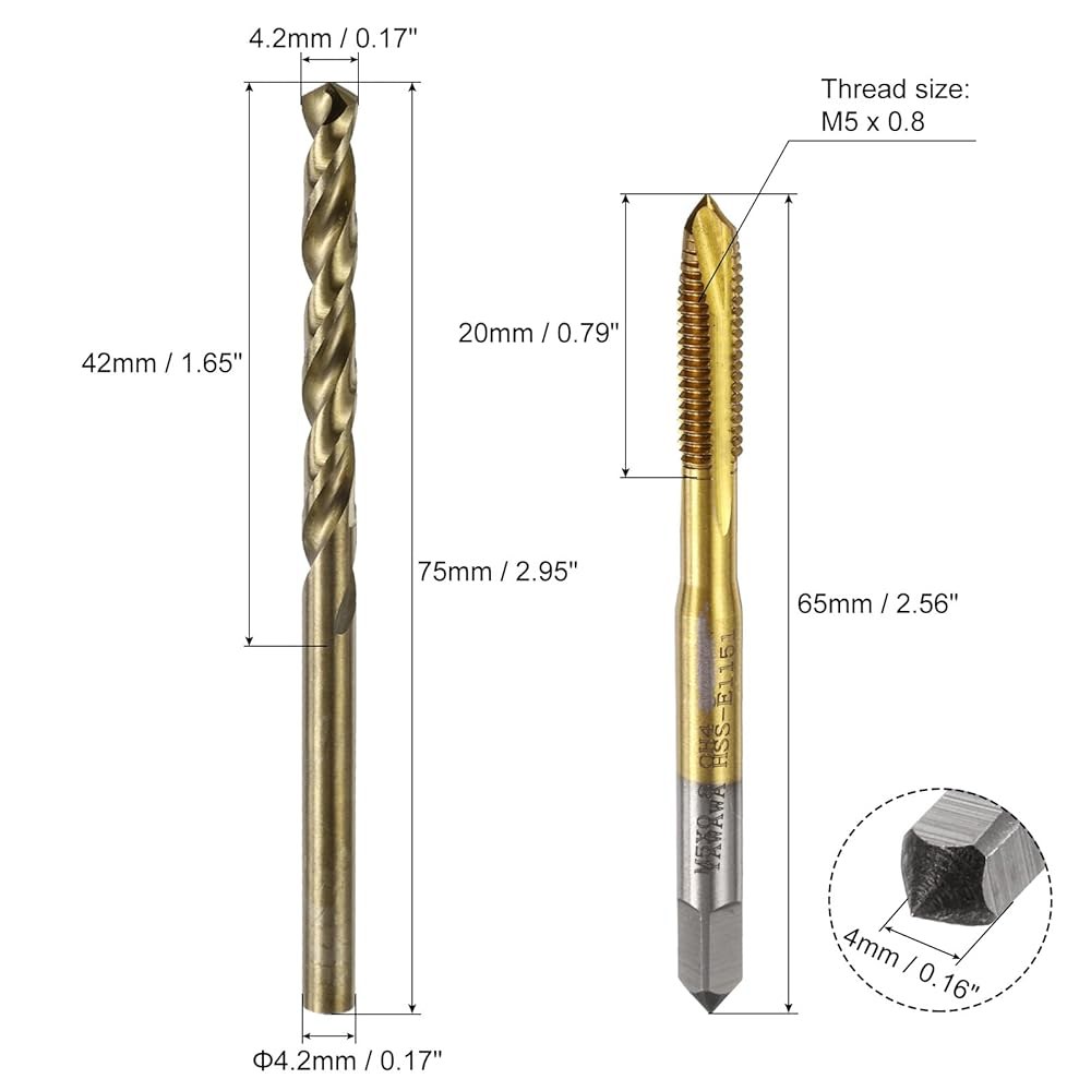 uxcell 메트릭 탭 및 드릴 비트 세트, 2pcs M5 x 0.8 나선형 점 나사 티타늄 코팅 4.2mm 트위스트 로스팅 옐로우, 스레딩 도구 M2 x 0.4 + 1.6mm - 상세 이미지 2