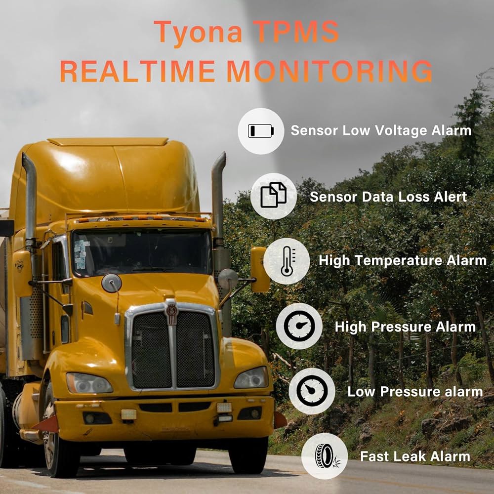 Tyona 타이어 압력 모니터링 시스템, 10 플로우 스루 센서 트럭 TPMS RV 트레일러, 0-199psi 4.5인치 컬러 스크린, 6가지 알람 모드, 장거리 감지, 트럭, - 상세 이미지 2