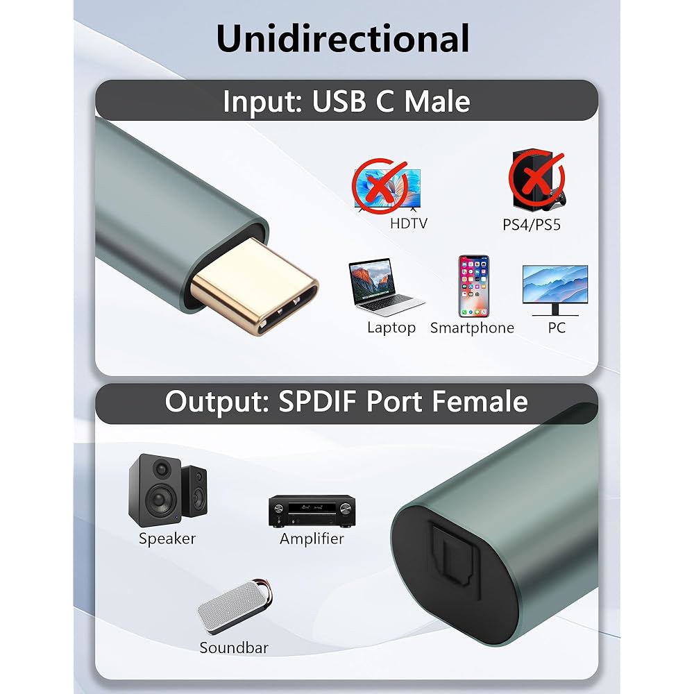 CERRXian USB C to Toslink 광 송신기, 단방향 타입 남성이 SPDIF 포트에 입력하는 노트북 태블릿 폰용 여성 출력 광섬유 어댑터 - 7.87인치 - 상세 이미지 3
