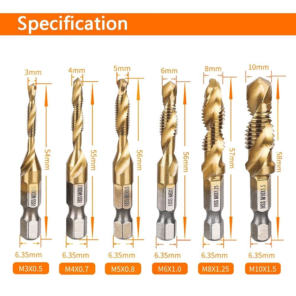 야카모즈 6Pcs 1/4 헥스 샹크 티타늄 드릴 탭 조합 비트 세트 나사 카운터싱크 메트릭 스레드 M3-M10 도구 - 상세 이미지 3