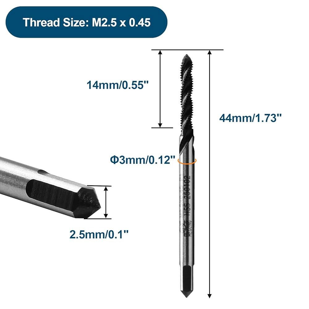 LitoExpe 2개 M2.5 x 0.45 나선형 플루트 실 탭, HSS 기계 미터법 사각형 끝이 있는 원형 샹크, H2 공차 M6 x 1.0mm - 상세 이미지 2