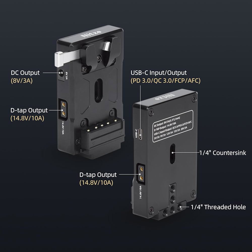 니체 V 마운트 배터리 플레이트, USB-C(PD 3.0) 입력/출력, DC(8V / 3A), D-탭(14.8V 10A) 카메라 전원 공급용 출력 플레이트 - N21-D8A - 상세 이미지 2