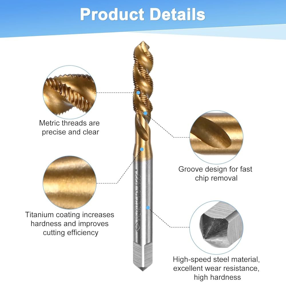 MMETRXITY 2팩 M5x0.5mm 미터법 나선형 플루트 나사 탭, HSS 티타늄 코팅 오른손 탭 나사, 드릴링/밀링 기계 / CNC 공작 기계, 탭핑 도구 2x0.4mm - 상세 이미지 3