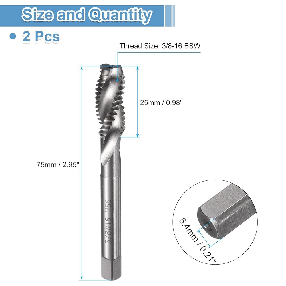 uxcell 2pcs 나선형 플루트 나사산 탭 3/8-16 BSW H2 기계 비트, 코팅되지 않은 나사 수리 도구, M35 코발트 고속 강철(M35 HSS-CO) - 상세 이미지 2