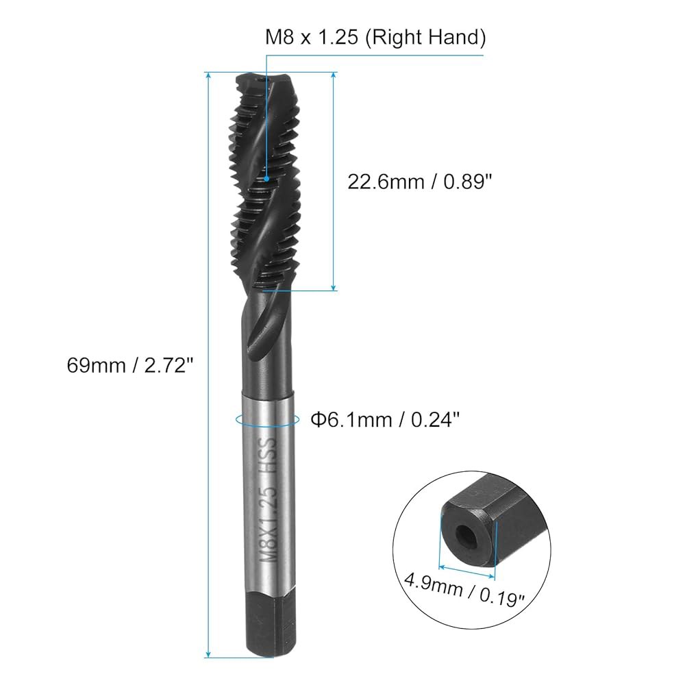 uxcell 4pcs 미터법 나선형 플루트 나사산 탭, M8 x 1.25 H2 기계 수리를 위한 질화물 코팅 6542 고속 강철 탭 도구 M8 x 1.25 - 상세 이미지 2
