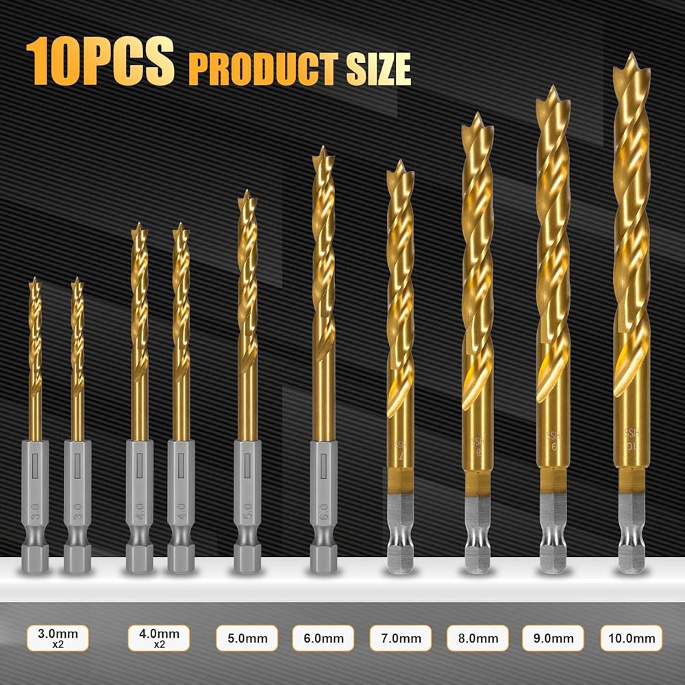 10PCS 브래드 포인트 우드 드릴 비트 세트, 목공, 가구 및 DIY 프로젝트를 위한 헥스 섕크가 있는 3-10mm 티타늄 코팅 HSS 1 - 상세 이미지 2