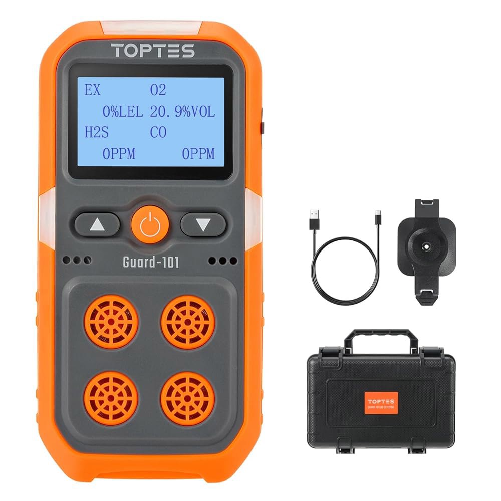 TopTes Guard-101 감지기, H2S, CO, LEL 및 O2용 모니터 4개, 진동, 시각 청각 경보, 14시간 긴 배터리 수명, 안전 방폭, 업무, 가정용 - 주황색 - 상품 이미지