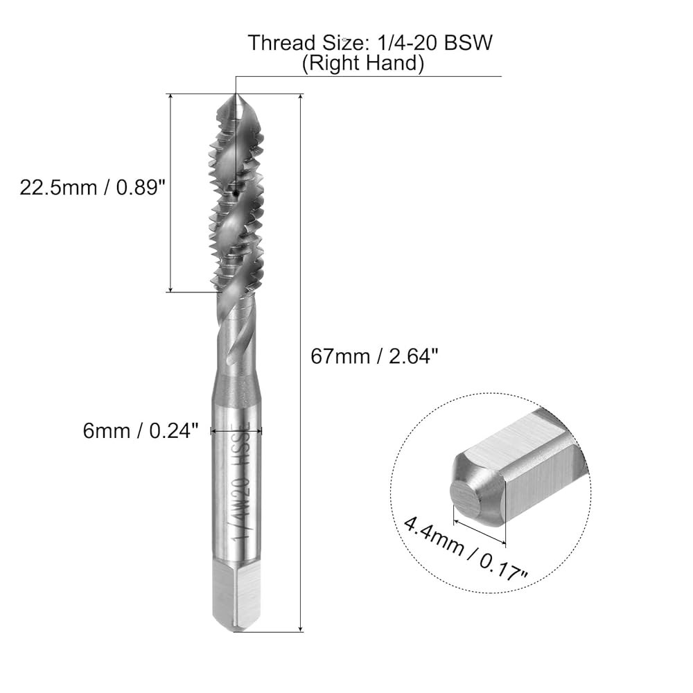 uxcell 2pcs 나선형 플루트 나사산 탭, 1/4-20 BSW H2 기계 수리용 탭핑 도구(M35 코발트 고속 강철(HSS-CO), 코팅되지 않음) - 상세 이미지 2