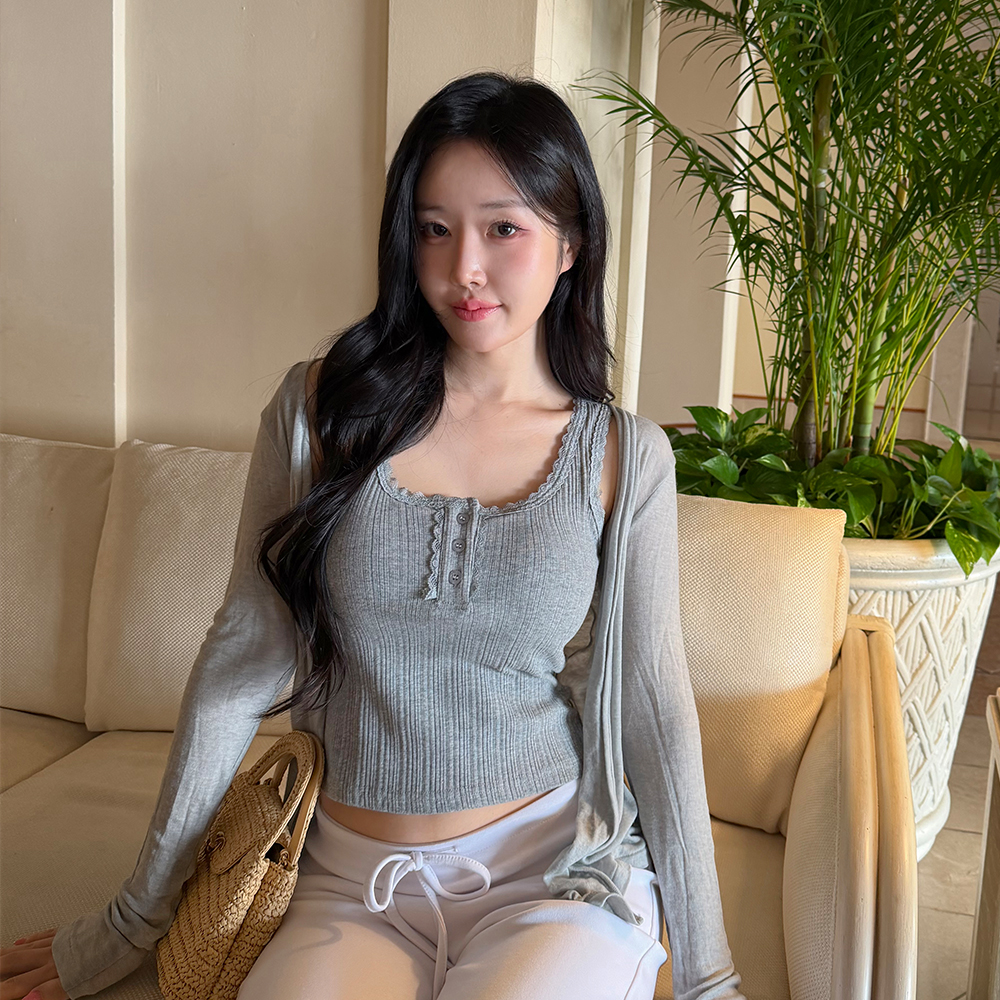 [N배송]크라시앙 모네 레이스 캡내장 골지 나시탑 버튼 이너 레이어드 브라탑 민소매 단품 이미지 6