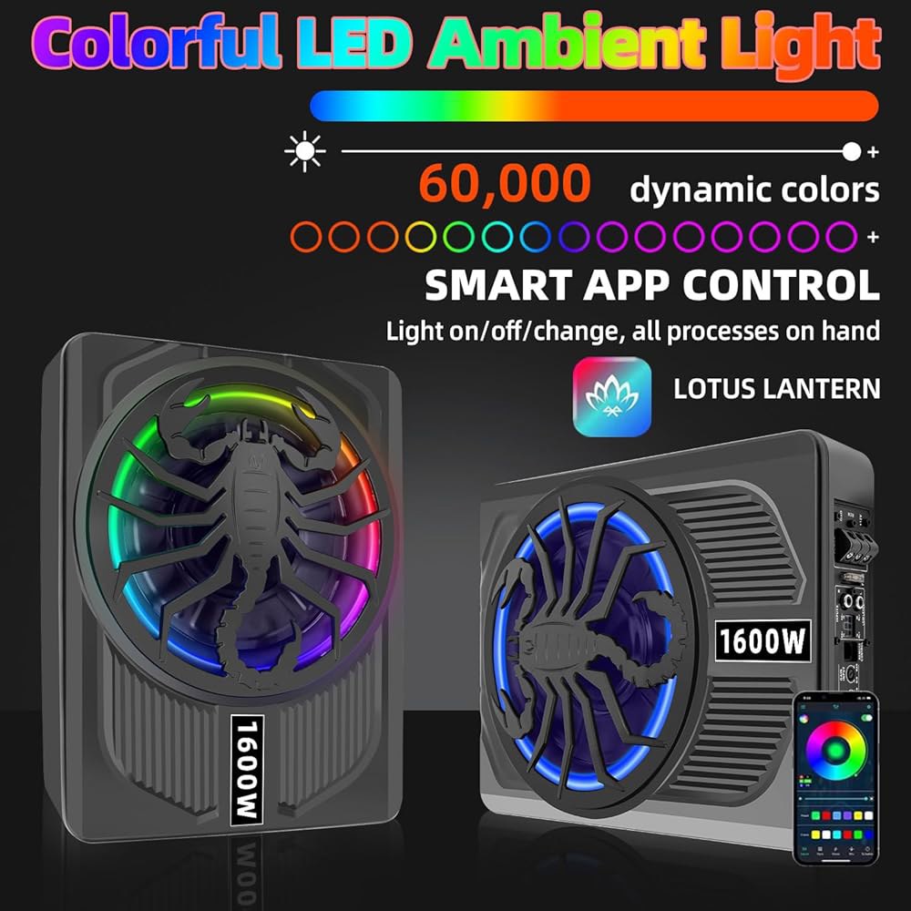 SCBPAUD 1600W 업그레이드된 10인치 초슬림 액티브 언더시트 카 서브우퍼 내장 앰프 및 LED 조명 | 왜곡 없는 베이스 로우 패스 필터, 게인 부스트 Black BF - 상세 이미지 3