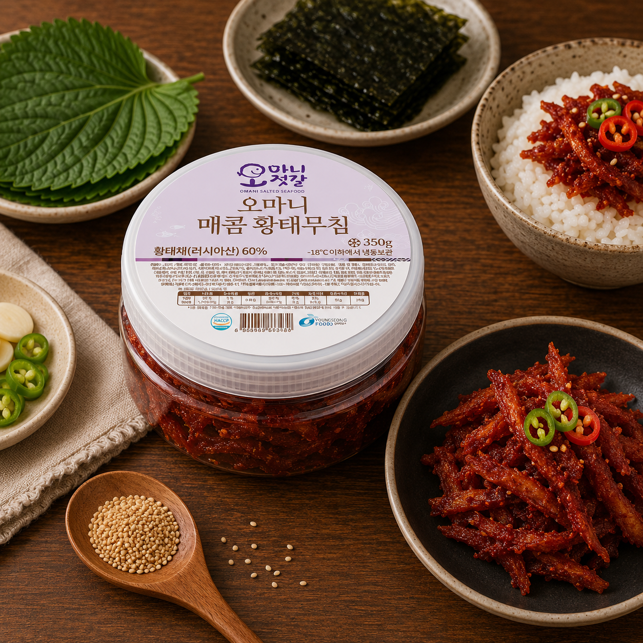동화푸드 오마니 매콤황태무침 350g 식혜 초무침 반찬 젓갈 명태 속초 명장 - 상품 이미지