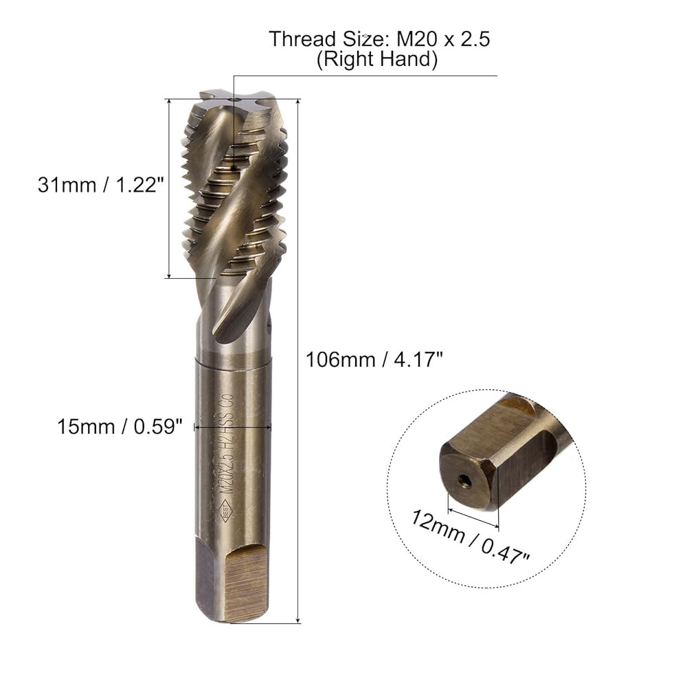 uxcell 메트릭 나선형 플루트 나사산 탭, M20 x 2.5 H2 기계 수리용 탭핑 도구(M35 코발트 고속 강철(HSS-CO), 코팅되지 않음) M14 x 2 - 상세 이미지 2