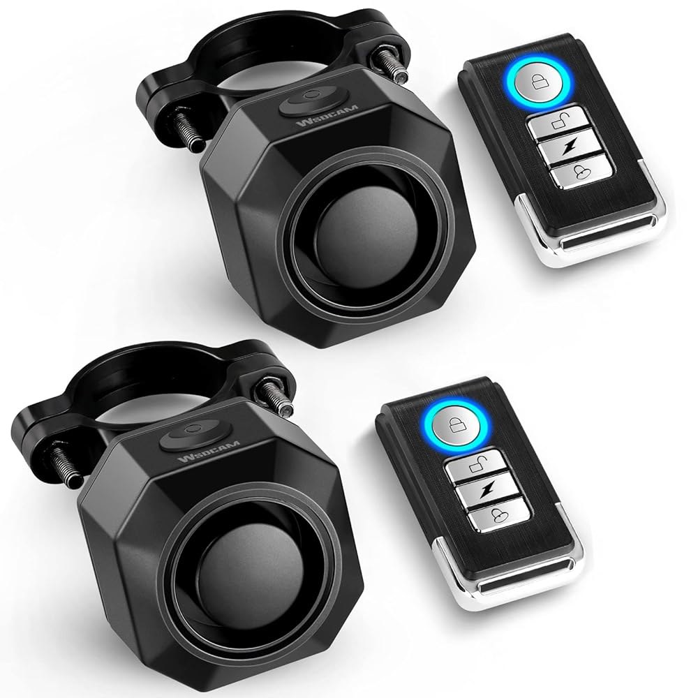 WSDCAM USB 충전식 자전거 알람, 원격, 110dB 라우드 무선 방지 진동 모션 센서 차량 알람 시스템 방수 트레일러 오토바이 - 2팩 - 상품 이미지