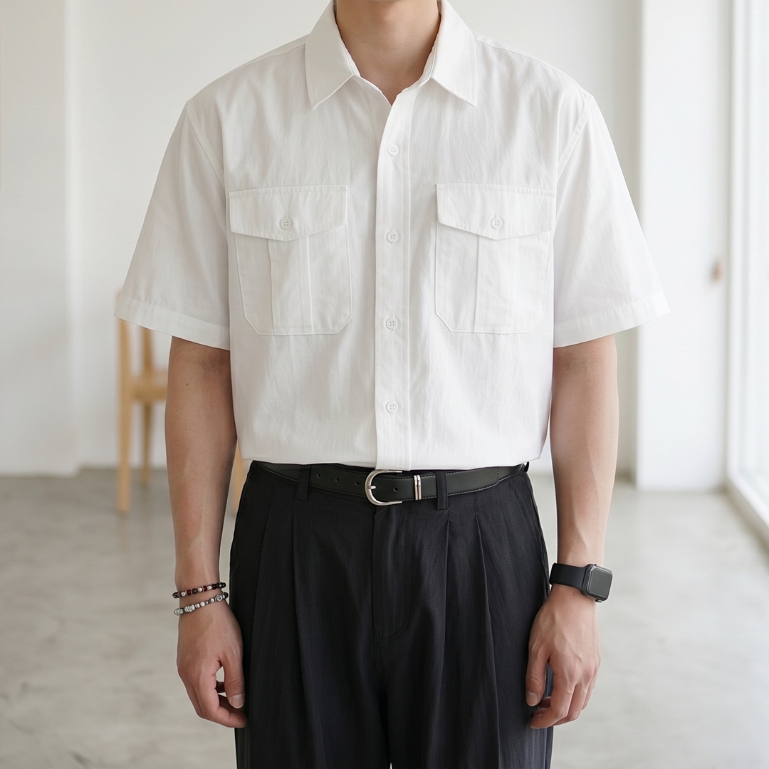 남자 비침없는 투포켓 오버핏 반팔 셔츠 - 상품 이미지