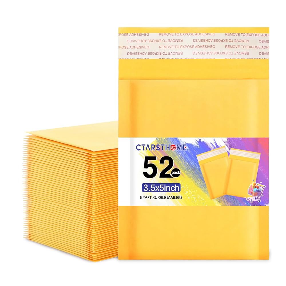 Ctarsthome 52Pack Yellow 3.5x5인치 크래프트 버블 메일러 소규모 비즈니스 메일링 패키지 셀프 씰링 종이 봉투, 주얼리 메이크업 용품용 접착력이 강한 패딩 - 상품 이미지