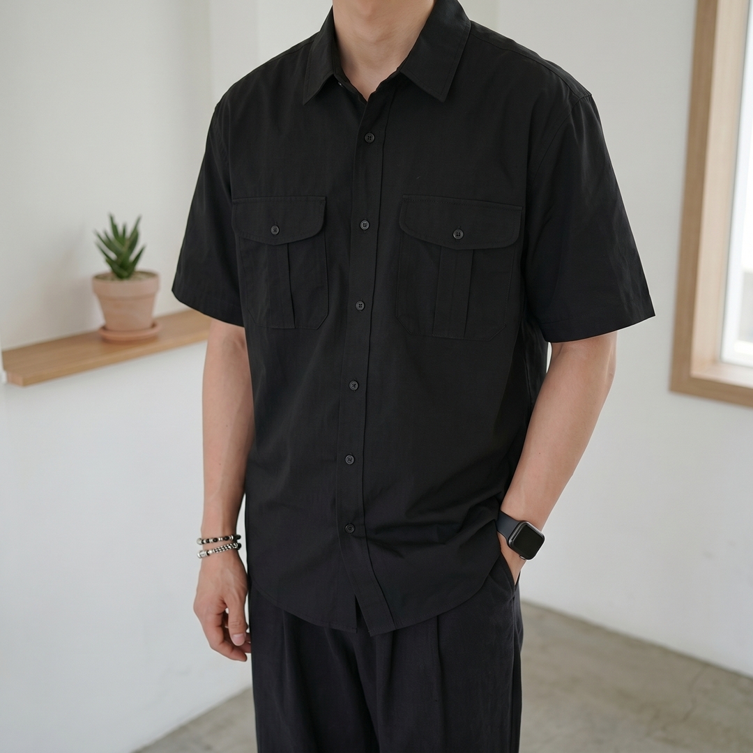 남자 비침없는 투포켓 오버핏 반팔 셔츠 - 상세 이미지 3