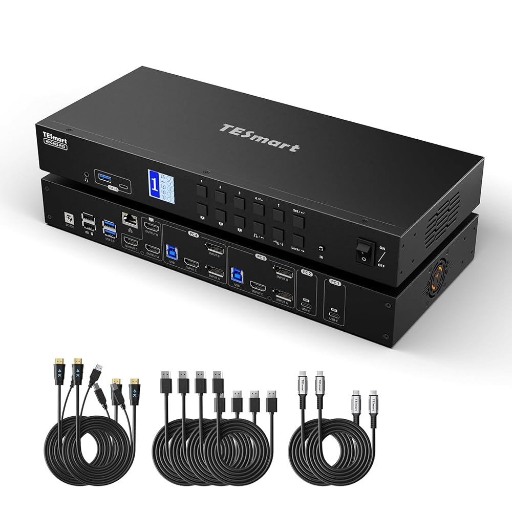 TESmart USB 3.0 HDMI+DP+USB C KVM 스위치 3 모니터 4K@60Hz, 4포트 트리플 MST, 노트북용 60W PD, 1G 이더넷, EDID 에뮬레이터, - 상품 이미지