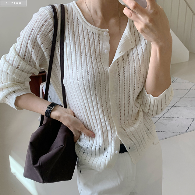 푸르프 라운드 스탠다드핏 펀칭 가디건 5col 봄 여름 긴팔 시스루 레이어드 제이플로우 - 상세 이미지 5